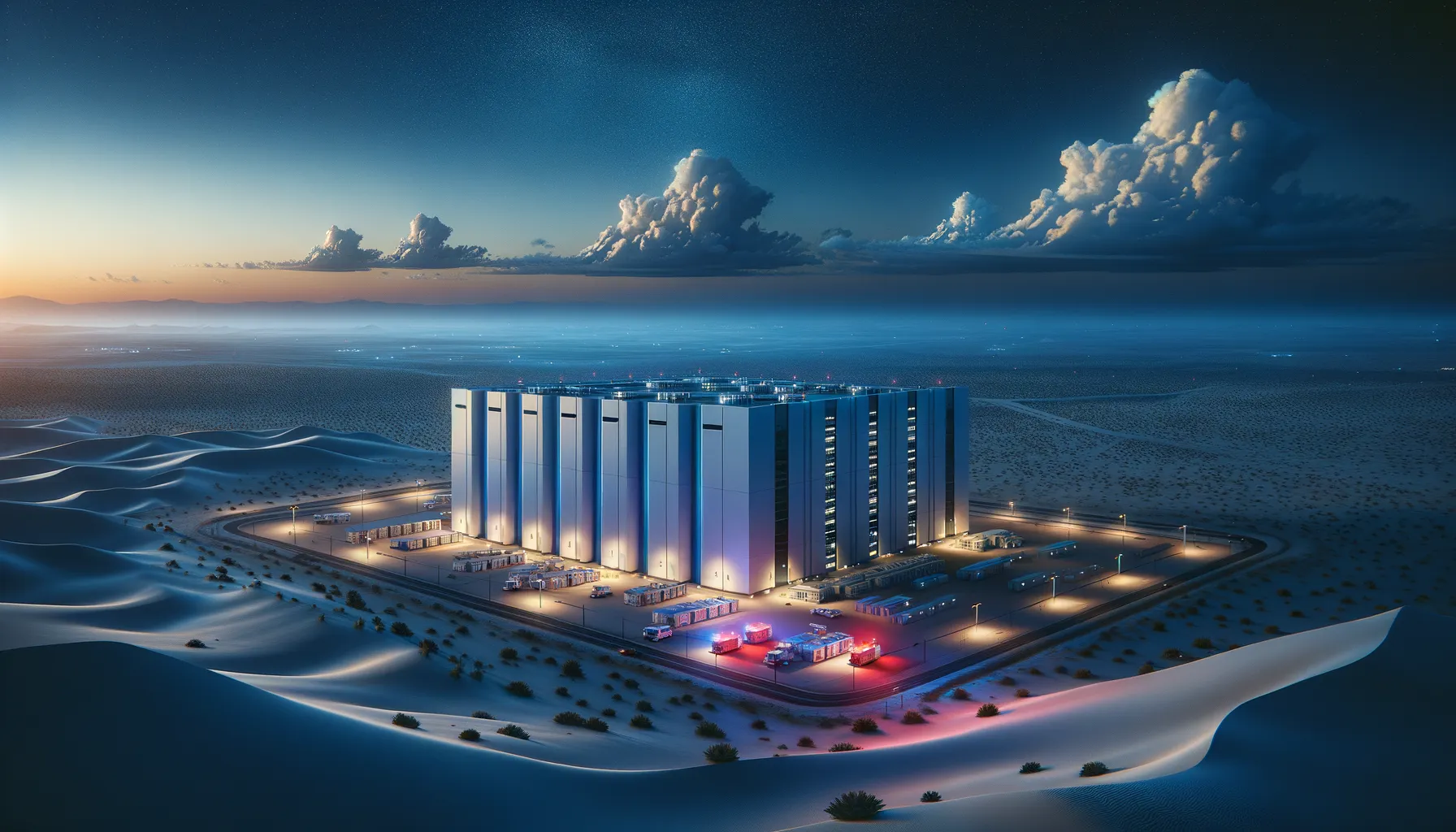 Data center facility with visible structural damage and emergency response vehicles in a Gulf region setting