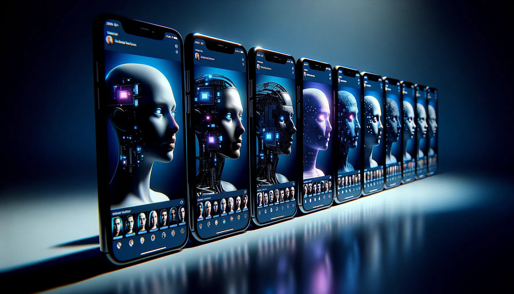 Smartphone screens showing social media profiles that reveal themselves as AI generated masks when viewed from an angle