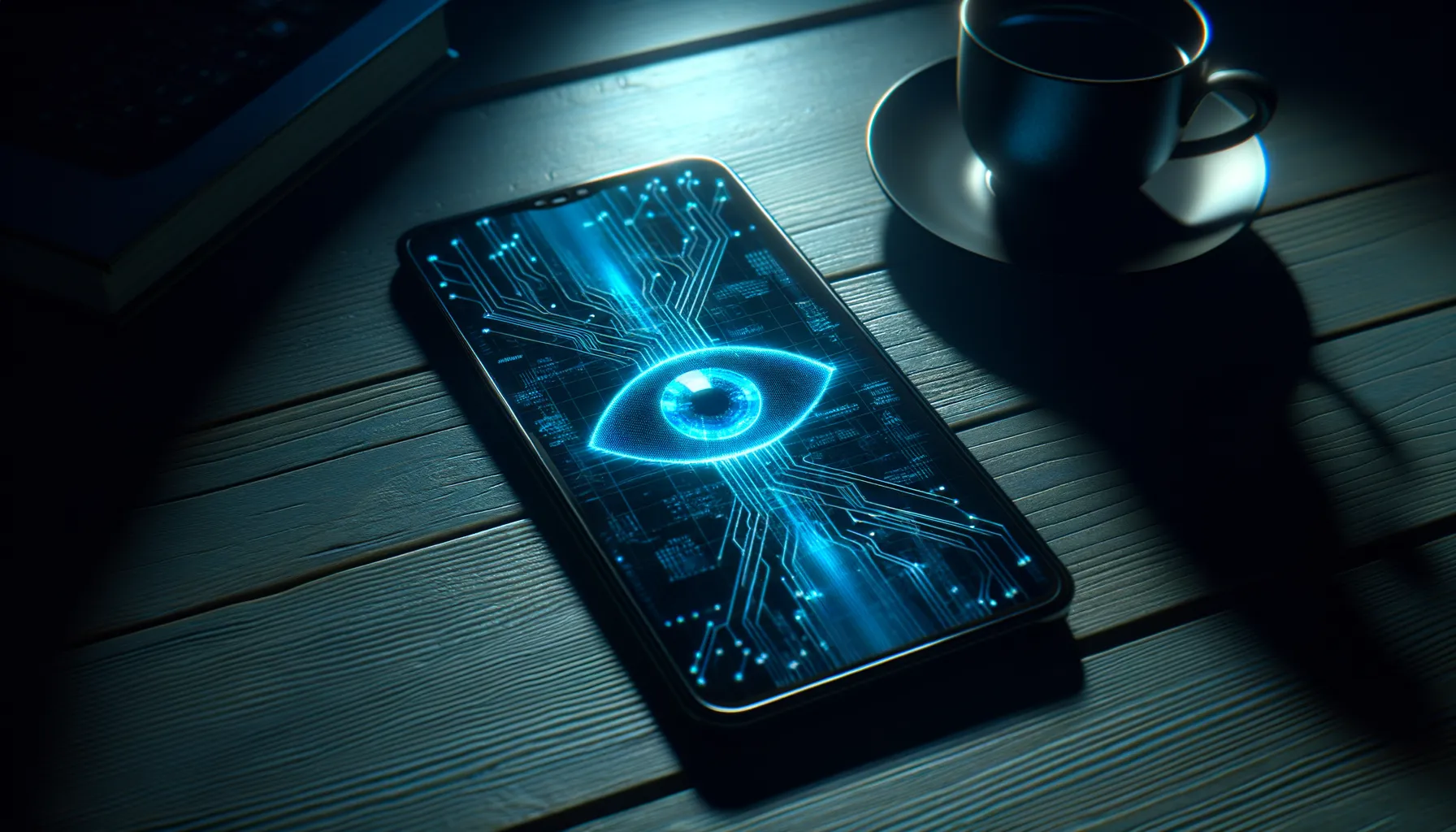 Smartphone on dark desk with ethereal blue glow suggesting surveillance and monitoring