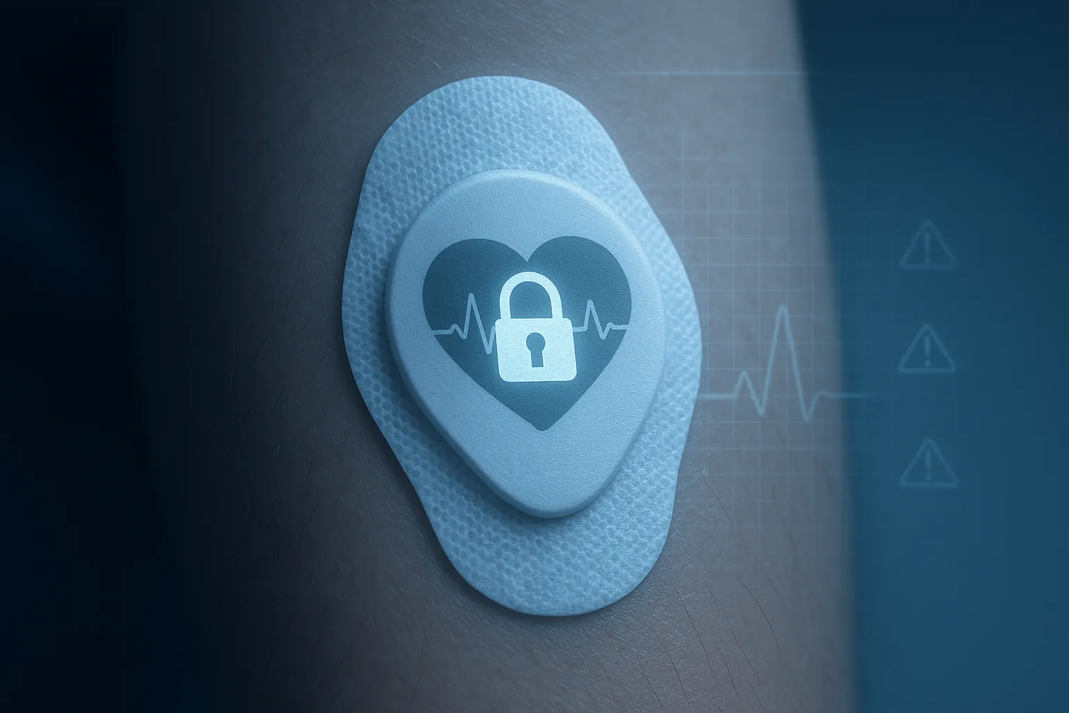 Cardiac monitoring patch on an arm with digital security warning overlay