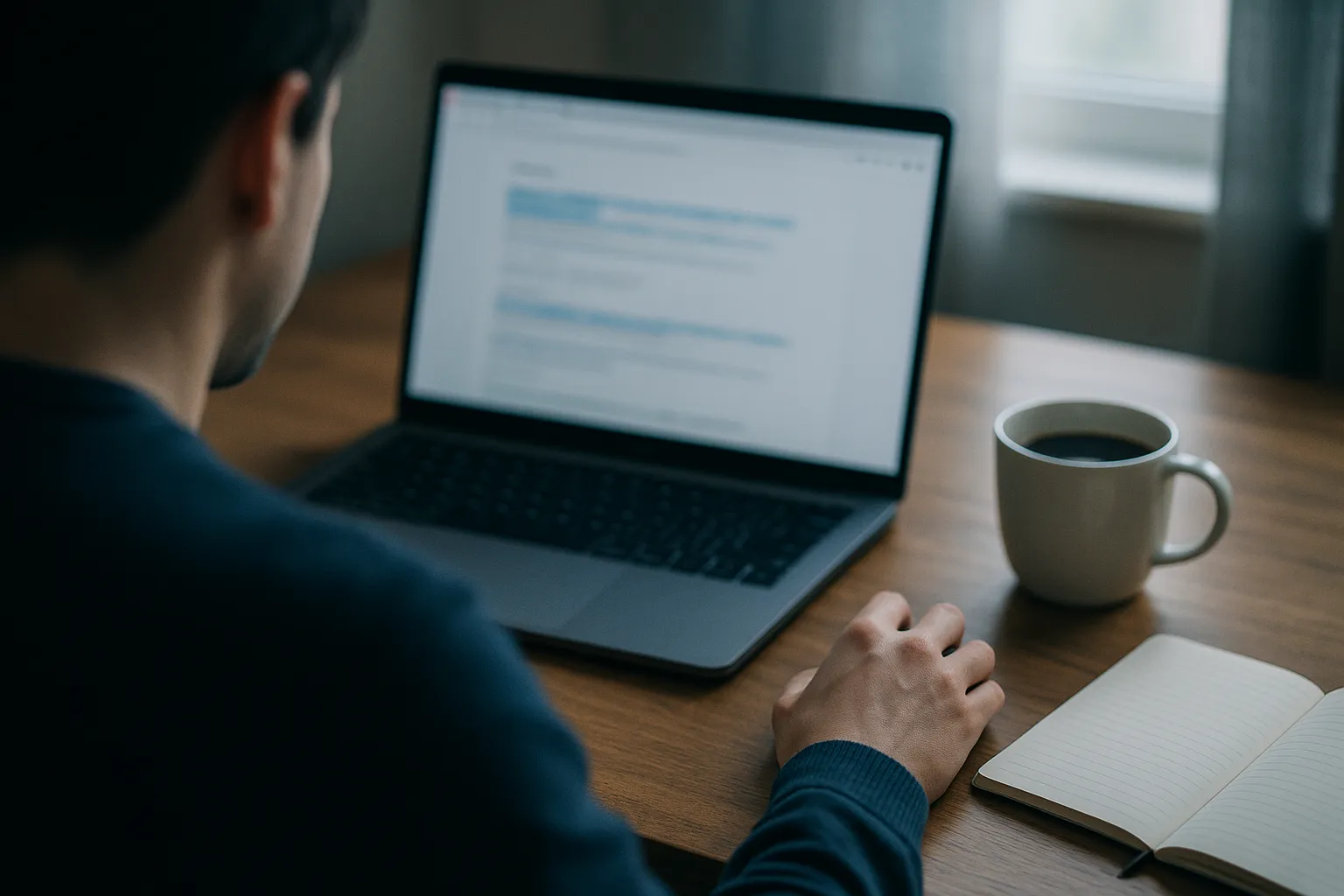 Over the shoulder view of a person at a wooden desk reading an email on a laptop, with a coffee mug and an open notebook beside them