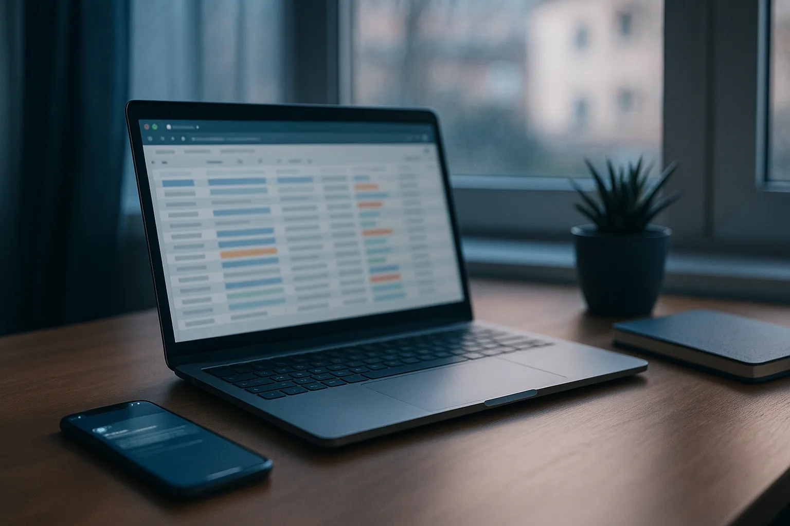 A home office desk in soft morning light with a laptop showing a blurred database grid of coloured rows, a smartphone showing an email notification, a notebook and a small plant
