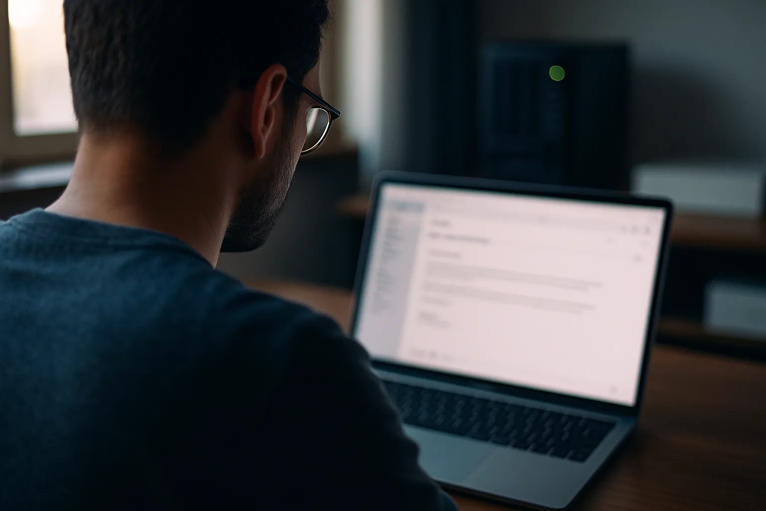 Over the shoulder view of a person reading email on a laptop in a home office, with a server rack status light glowing in the background, representing Amazon SES email delivery infrastructure