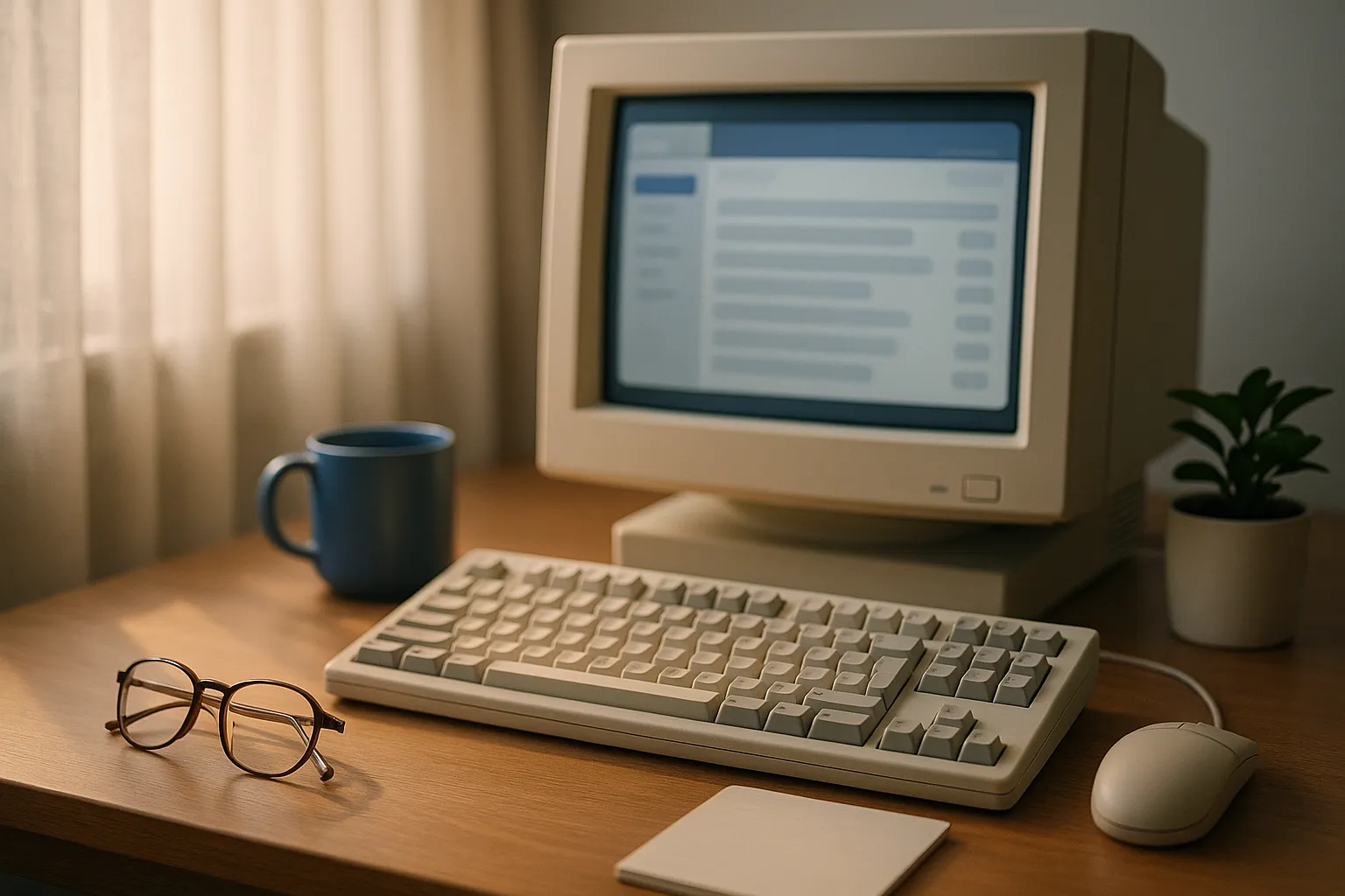 Older beige desktop computer on a wooden home desk in warm afternoon light showing a generic webmail inbox, next to reading glasses, a blue mug and a small plant, illustrating AOL Mail read receipts and email tracking