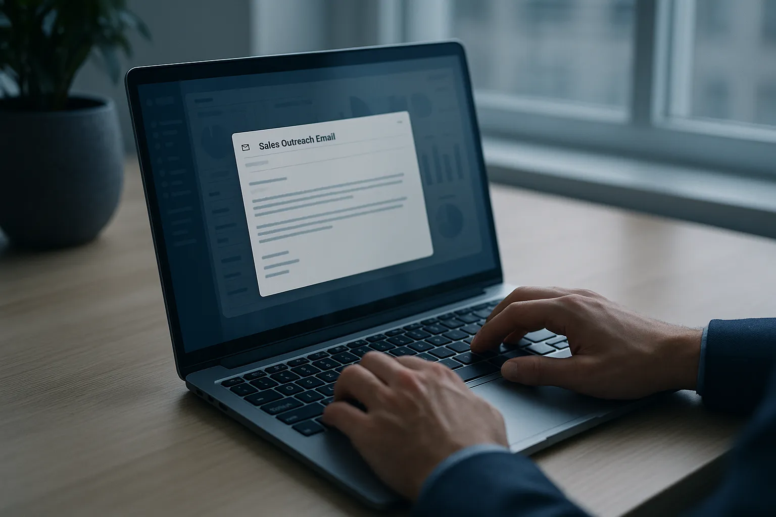 A laptop on a desk showing a sales outreach email next to a faint analytics dashboard reflection, illustrating Apollo.io email tracking