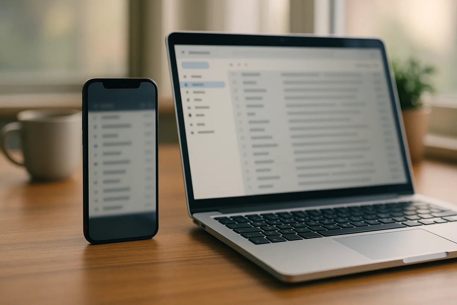 Smartphone and open laptop on a wooden desk by a window, both showing a blurred generic email inbox, with a coffee mug and a plant behind them, illustrating Apple Mail read receipts and Mail Privacy Protection