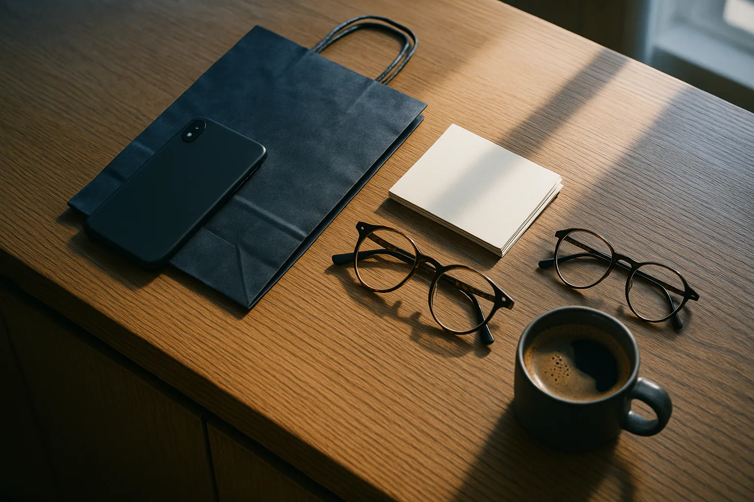 Overhead view of a wooden counter with a phone face down on a folded paper shopping bag, a stack of blank cards, reading glasses and a cup of coffee in daylight