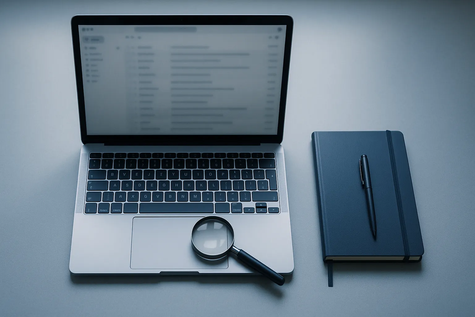 An overhead photograph of a laptop on a plain desk showing a blurred email inbox, with a small magnifying glass resting on the trackpad and a notebook and pen beside it