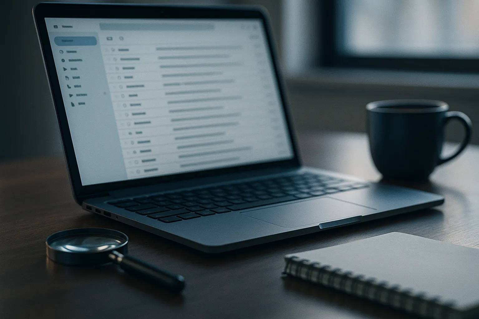 A laptop on a desk showing an email inbox in soft natural window light, with a magnifying glass, notebook and coffee cup beside it