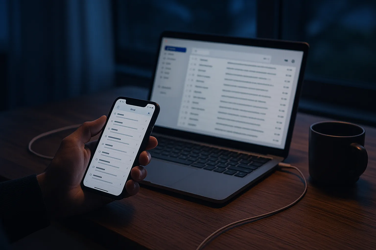 Person at a desk at dusk holding a smartphone with a unified email inbox beside an open laptop, illustrating how BlueMail handles read receipts and email tracking