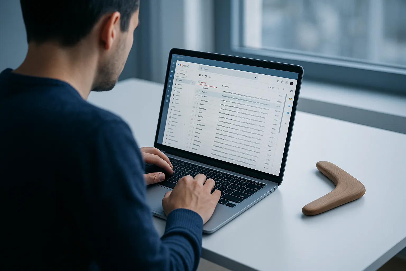 A person reading Gmail on a laptop with a boomerang on the desk, illustrating Boomerang email tracking