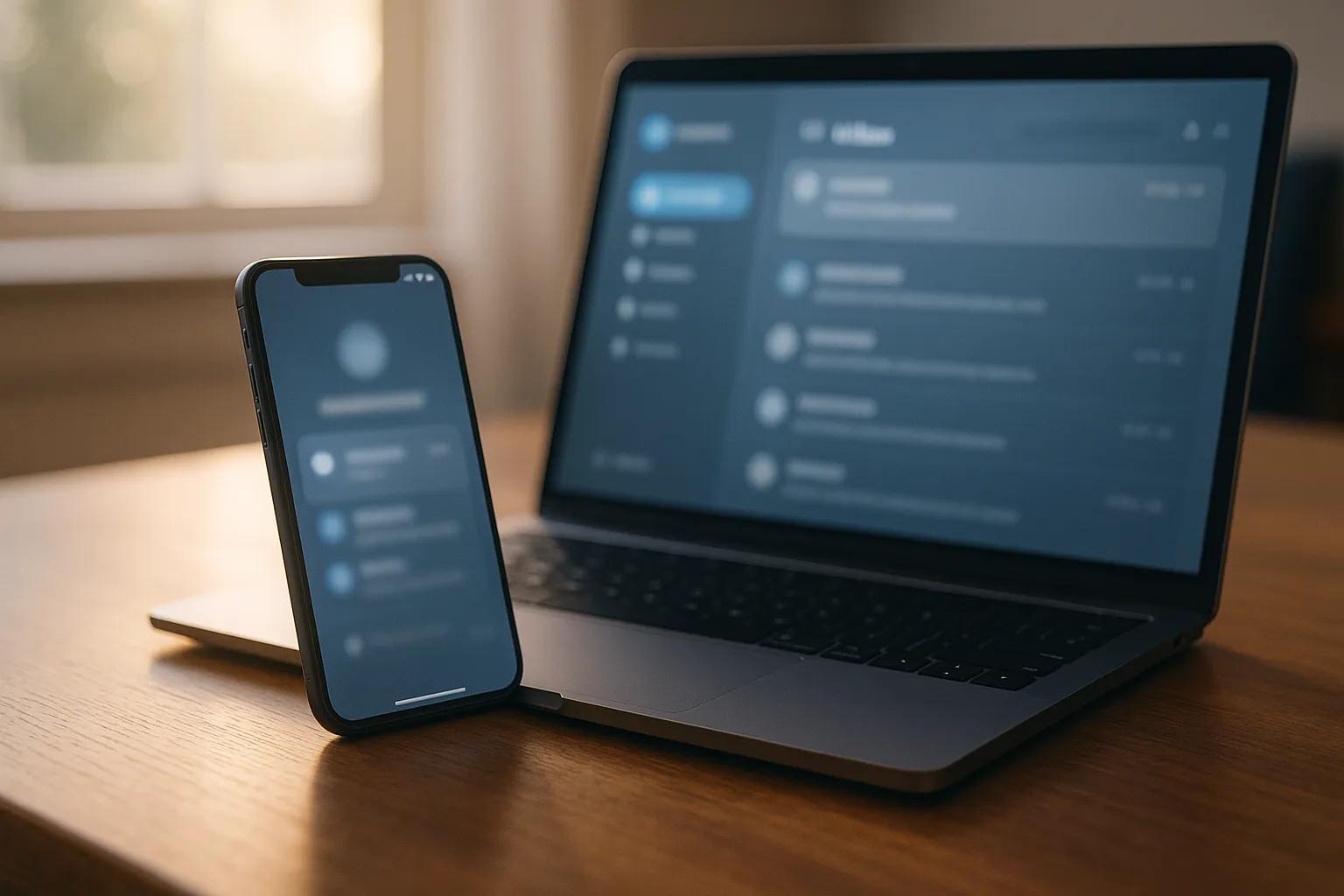 A smartphone and laptop resting on a desk in soft morning light, both showing blurred inbox and notification screens, representing Braze email tracking across devices