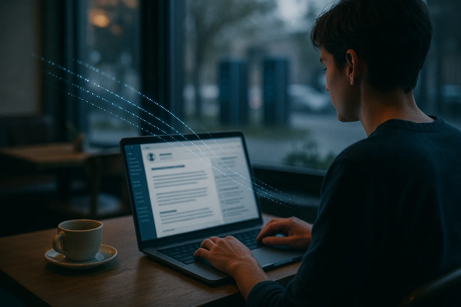 A person reading a marketing email in Gmail on a laptop, with a subtle data flow overlay showing an invisible pixel transmitting their location and device details to a distant server