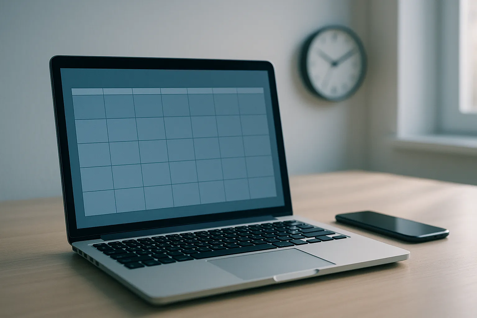 A laptop on a wooden desk showing a scheduling page with a month grid and a column of available time slots, a phone face up beside it displaying a booking confirmation, and a mug casting a long afternoon shadow