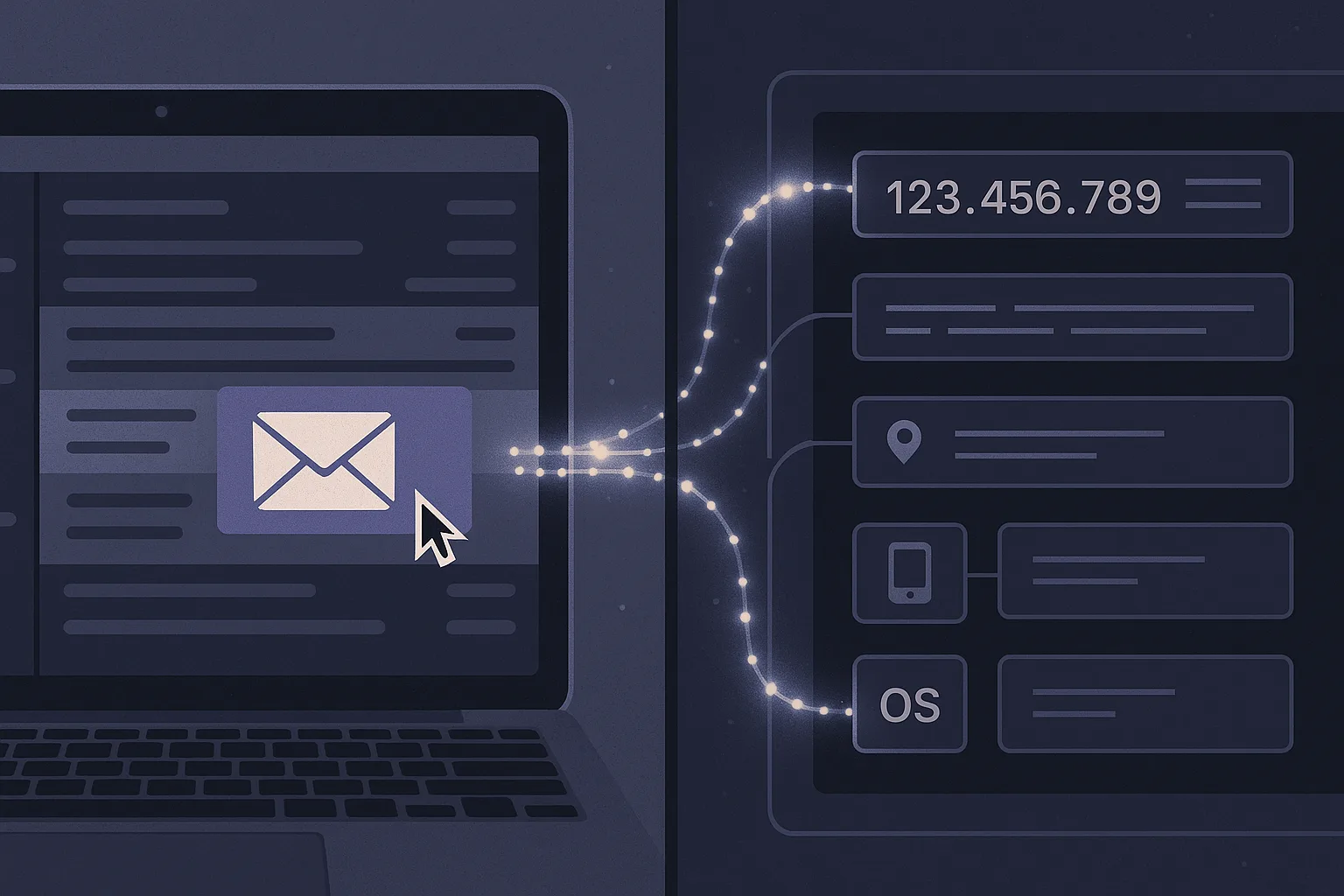 Split-screen illustration: left shows an email inbox open on a laptop; right shows a server analytics dashboard with IP address, timestamp, city, and device fields populating in real time via glowing data streams