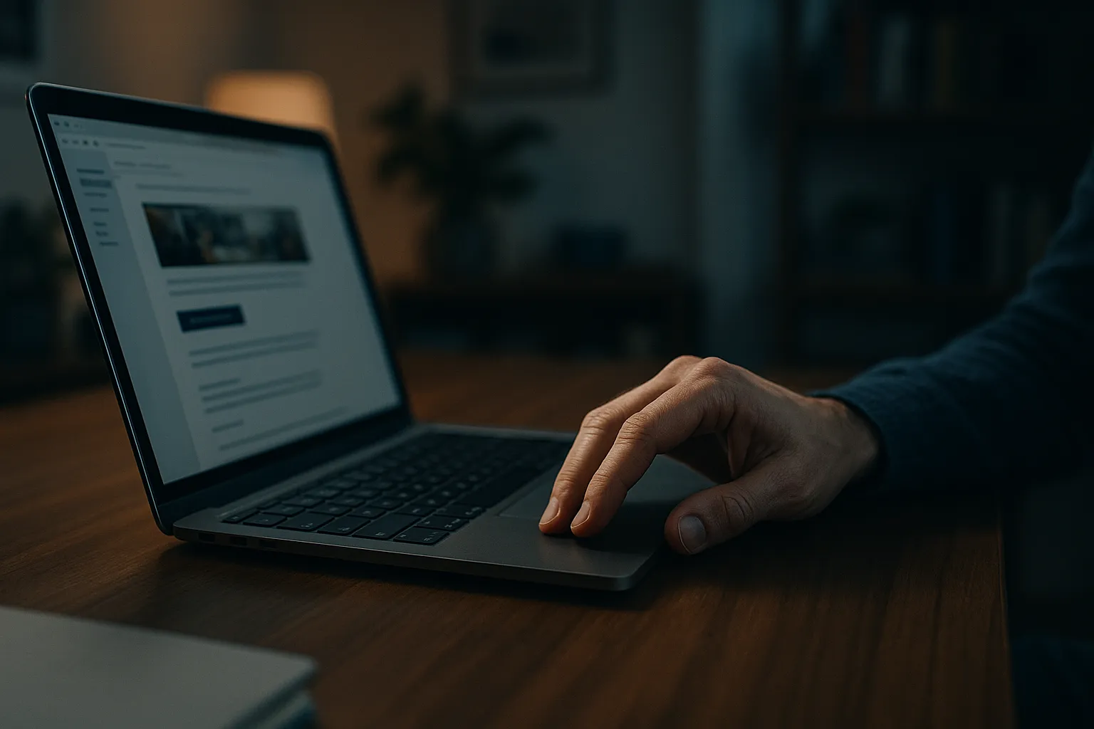 A hand paused over a laptop trackpad in a softly lit home office, the moment before clicking a link in a marketing email