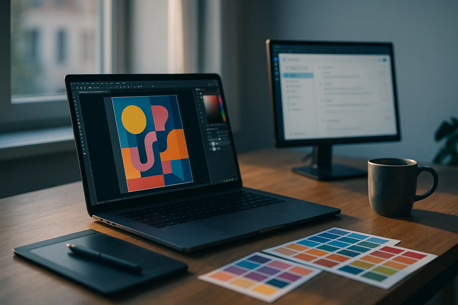 A designer's desk in a bright studio with a laptop showing a colourful poster layout and a second monitor showing an email inbox