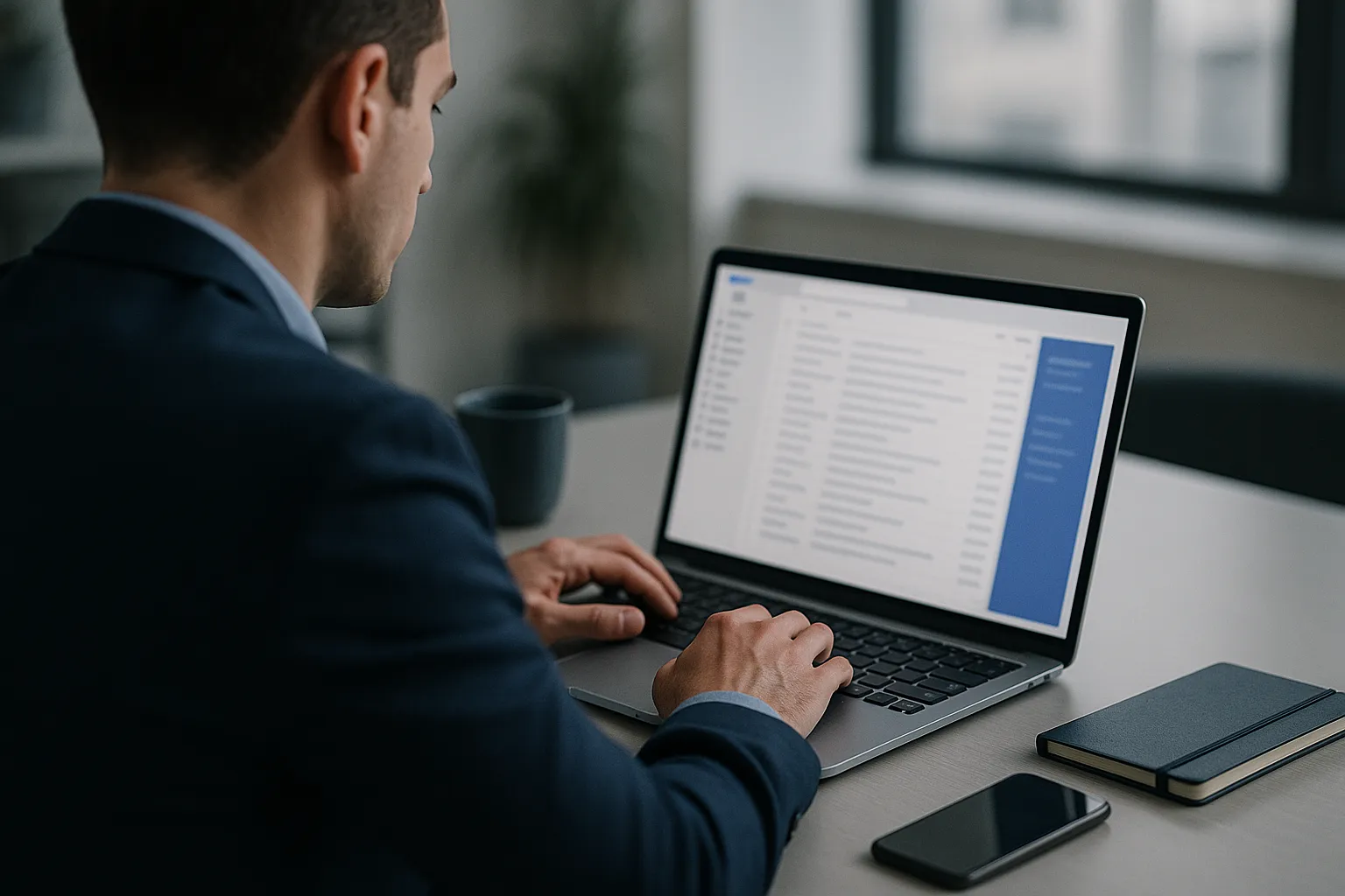 A sales representative working at a desk on a laptop showing an email inbox with a narrow sidebar panel, indigo and blue tones, representing a Salesforce sidebar tool that tracks email opens