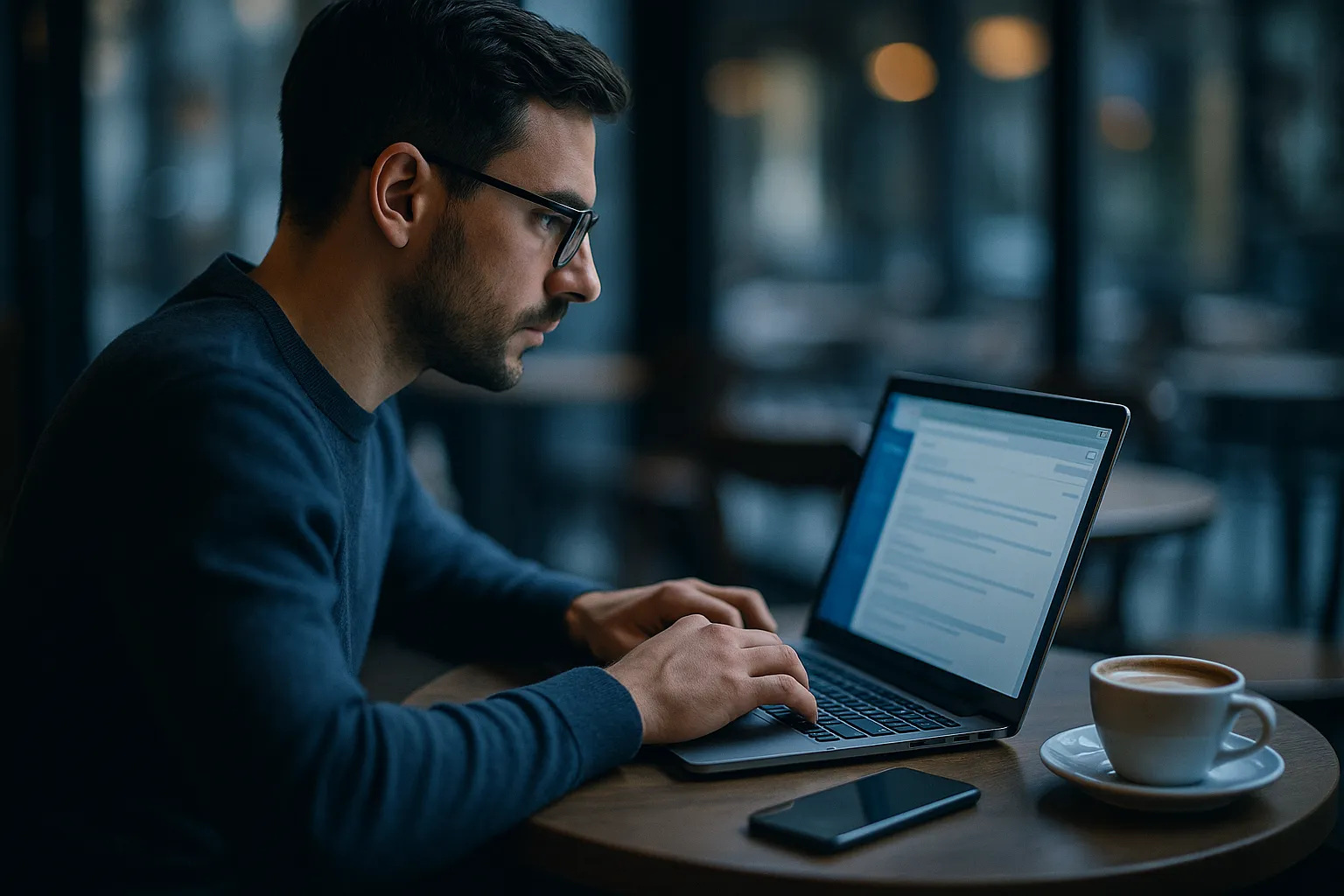 A man in glasses reading email on a laptop at a dimly lit cafe table beside a cup of coffee and a phone, in indigo tones