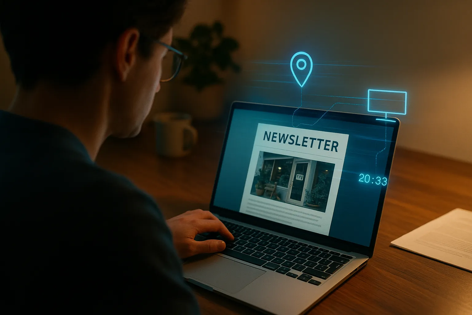 A person at a laptop reading a newsletter email, with a subtle overlay showing invisible data packets being transmitted to distant servers — device icon, city pin, timestamp