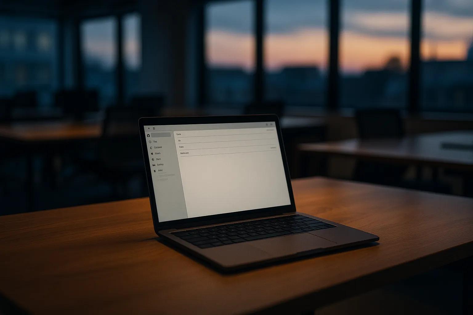 A quiet open plan office at dusk with a single laptop glowing on an empty desk, warm window light and blurred empty desks behind it