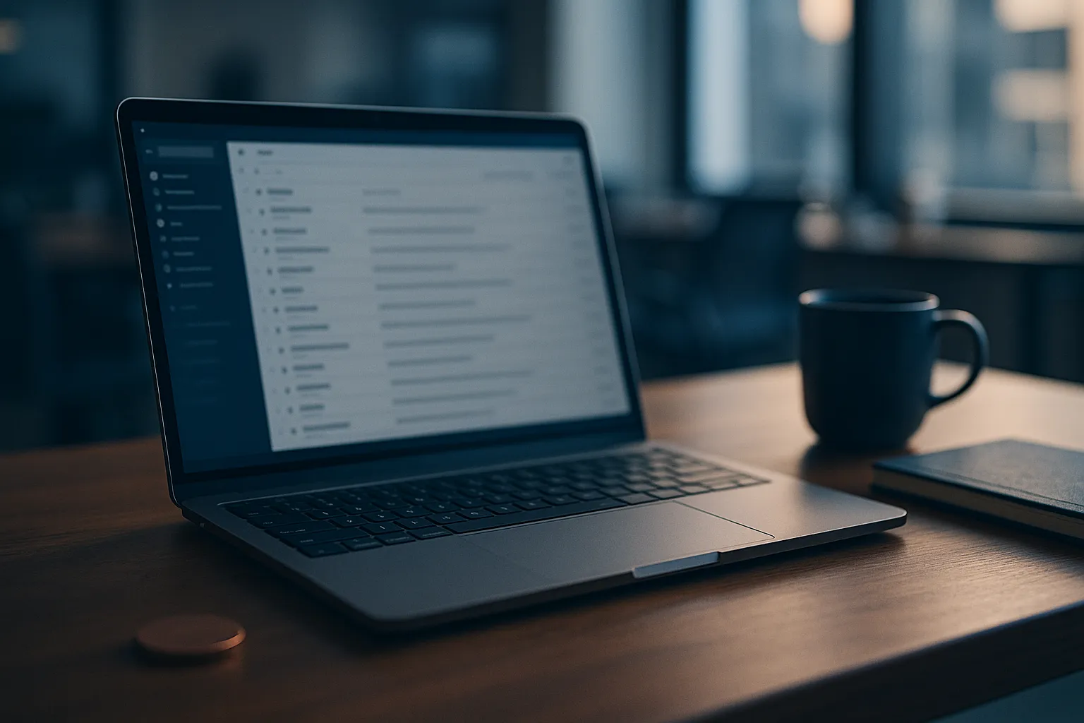 A laptop open to a Gmail inbox on a wooden desk in warm daylight, representing a hidden Copper CRM tracking pixel loading inside a received email