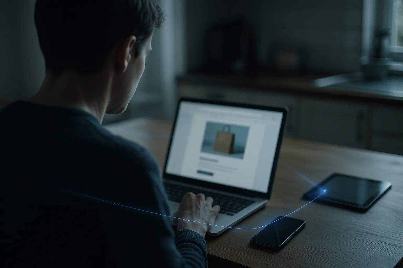 A person at a kitchen table reading a retail promotional email on a laptop, with faint lines of light linking the laptop, a phone, and a tablet to show separate devices being joined to one identity