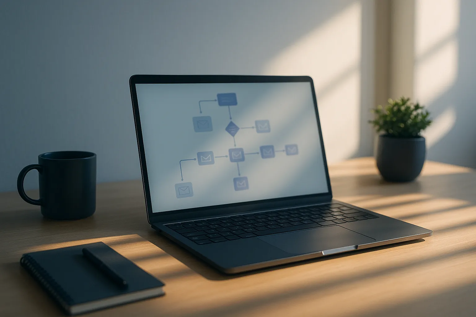 A laptop on a minimal desk displaying a soft focus automated email journey flowchart, morning light, representing Customer.io email tracking inside Gmail