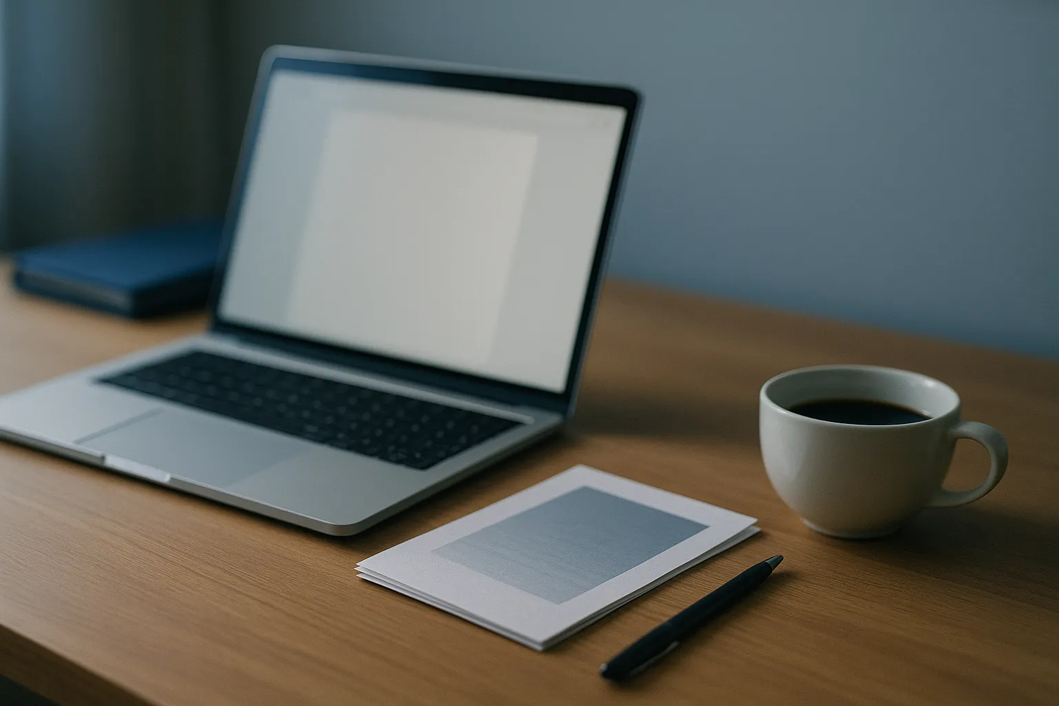 A laptop open to a document on a desk beside a printed slide deck, a pen and a cup of coffee in soft daylight