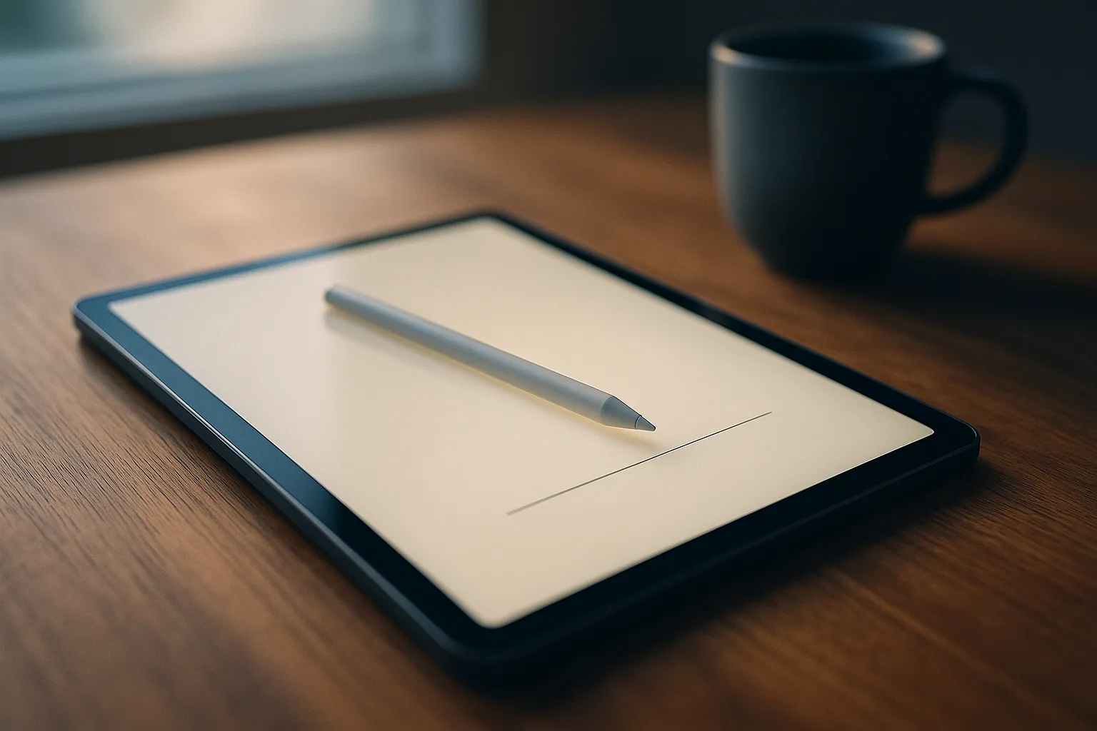 A tablet on a wooden desk showing a blank document signing screen with a stylus resting on it, lit by soft window light