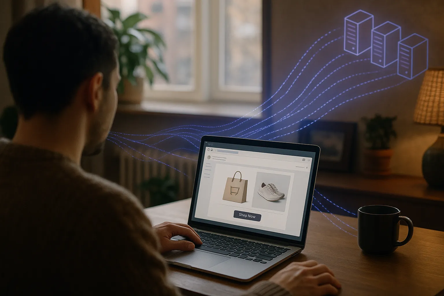 Person shopping online on a laptop at home with subtle indigo data streams flowing from a marketing email on screen toward corporate servers in the background, representing e-commerce email tracking