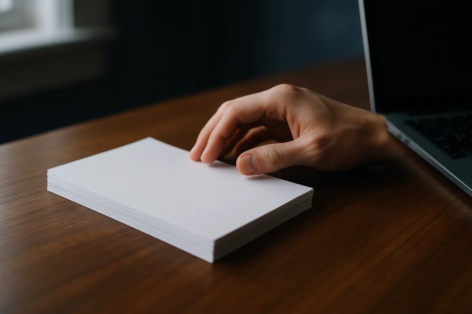 A hand resting on a stack of blank white paper on a wooden desk next to a closed laptop in low warm light