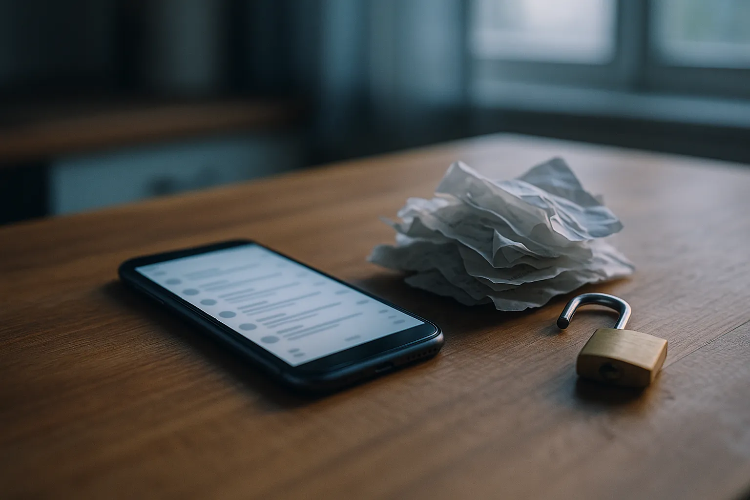 A smartphone showing a blurred email inbox on a wooden kitchen counter next to a pile of crumpled paper shopping receipts and a small open padlock