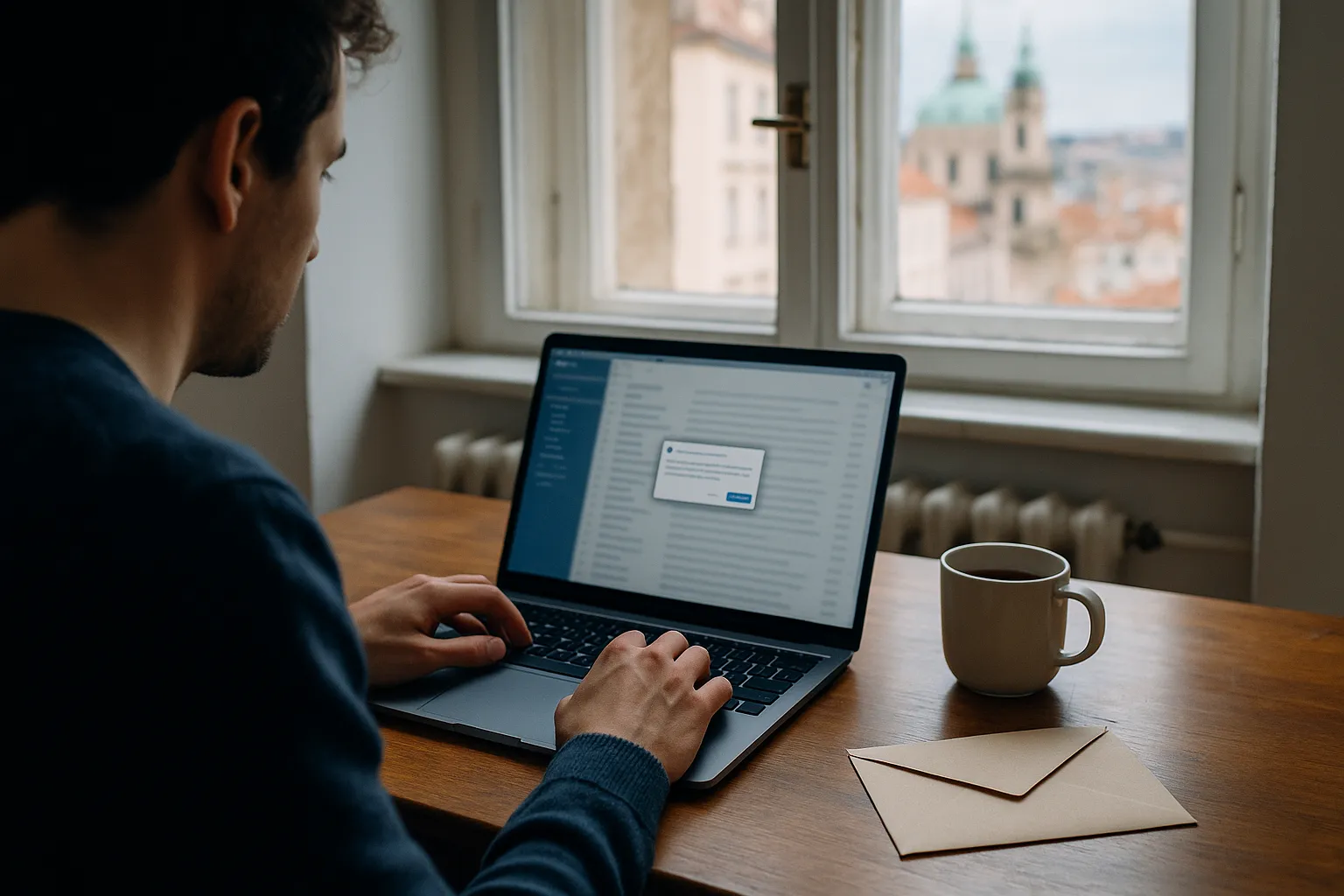 A man at a wooden desk by a window overlooking Prague rooftops reading email on a laptop with a small permission dialog on screen, next to a mug and a paper envelope