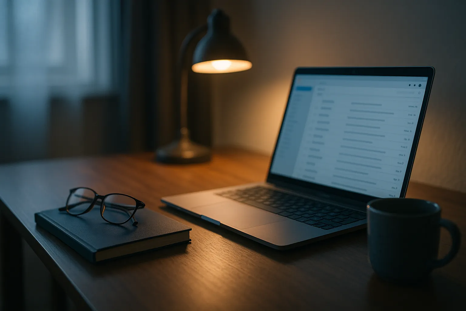 A laptop showing an email inbox on a wooden desk in low warm lamplight, beside reading glasses, a notebook and a ceramic mug