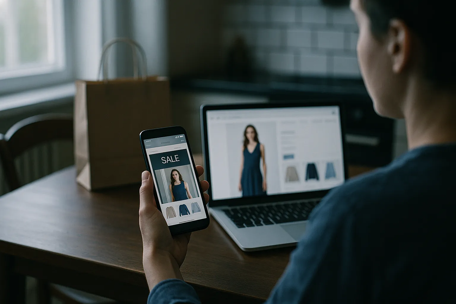 A person at a kitchen table holding a phone showing a clothing sale email, with a laptop beside them open on the same online store