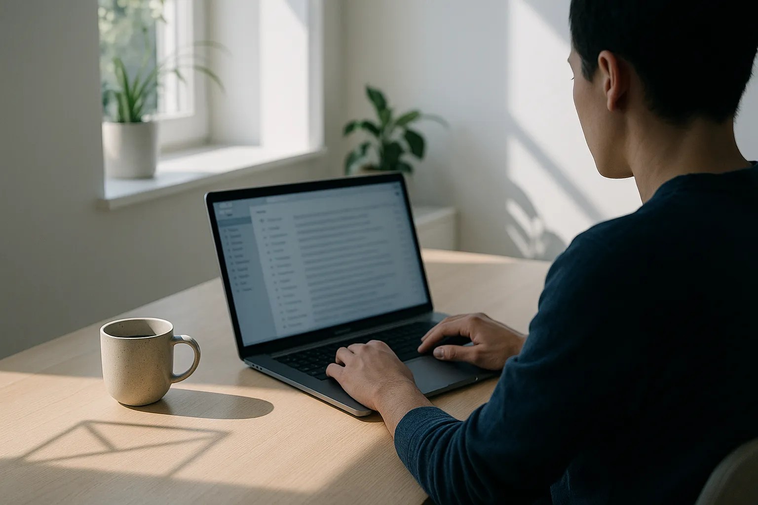 Person typing on a laptop showing a blurred email inbox in a bright minimalist home office, with a coffee mug and an envelope shaped shadow on the wooden desk, illustrating Fastmail read receipts and tracking pixels