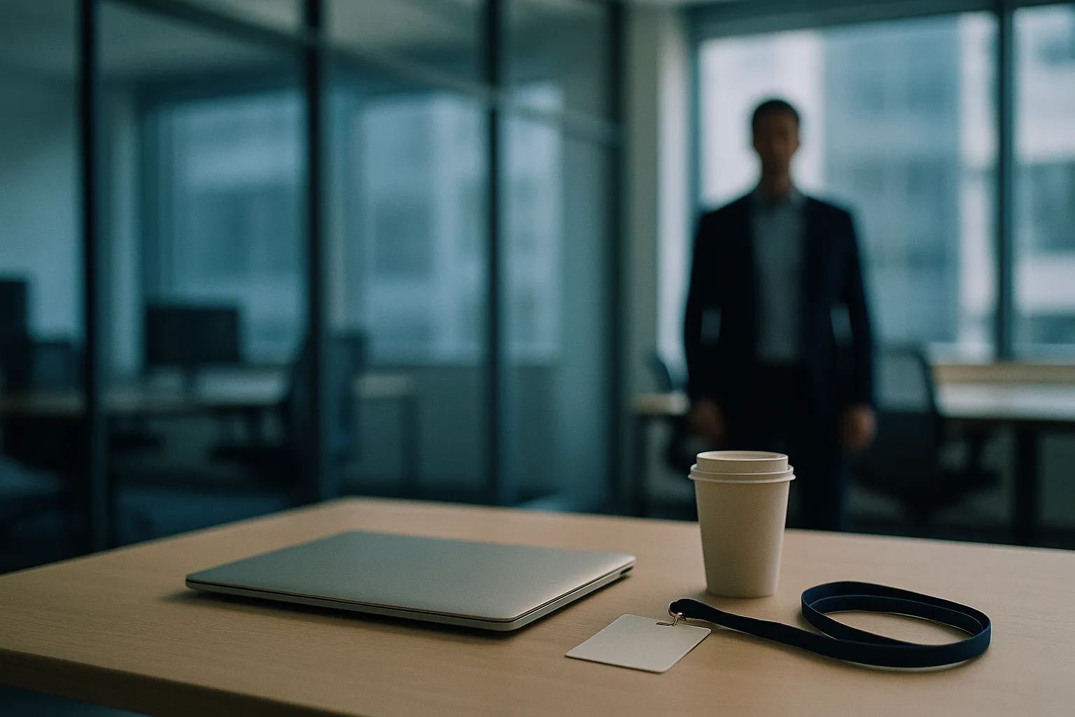A closed silver laptop, a coffee cup and a blank badge on a lanyard on a wooden desk in an empty office, with a blurred figure in business clothes standing beyond a glass partition wall