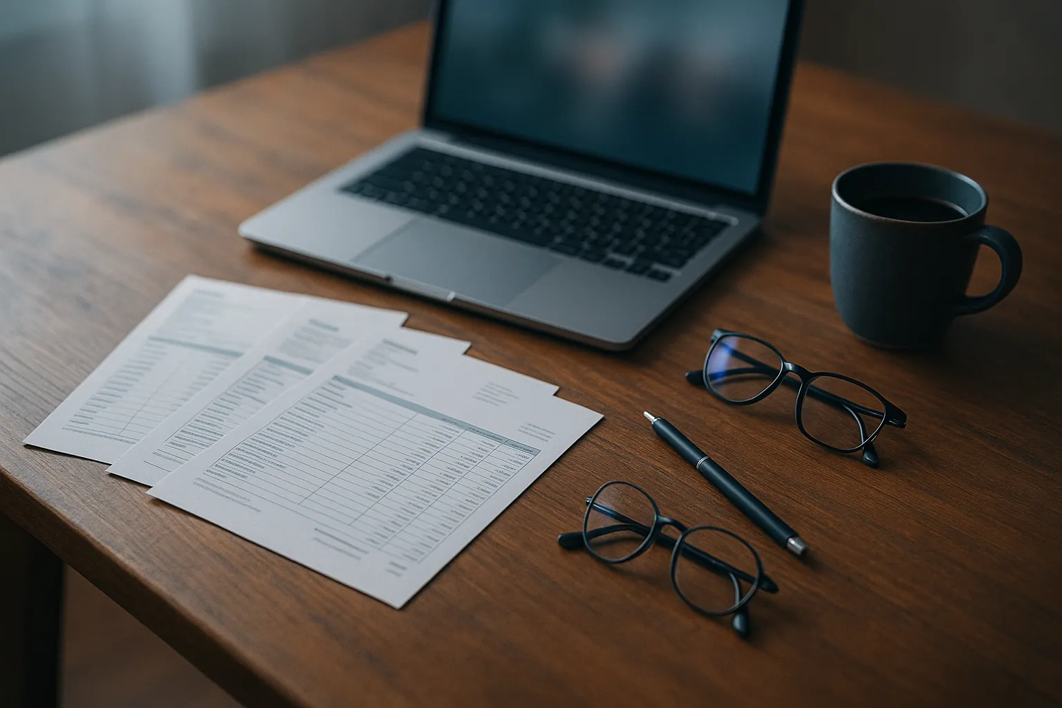 A freelancer's wooden desk with an open laptop, a stack of paper invoices and a coffee cup in soft morning daylight