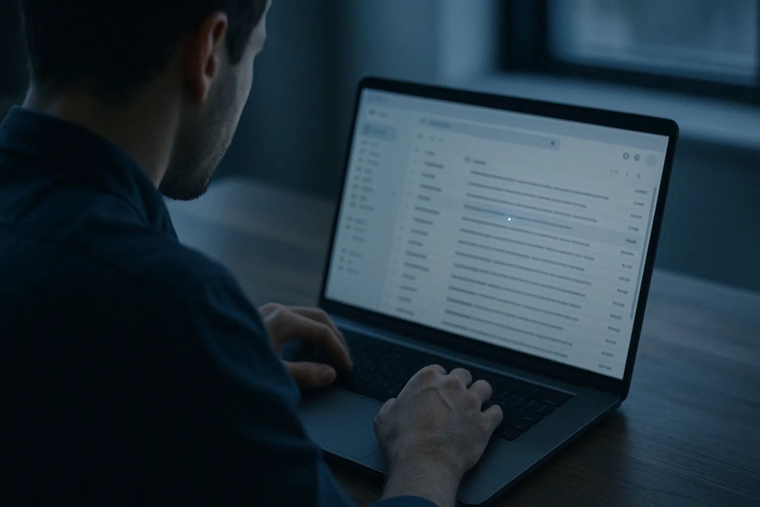 A person looking at a laptop showing a Gmail like inbox with a subtle invisible tracking dot near an email subject line, indigo and blue tones, representing hidden email tracking pixels