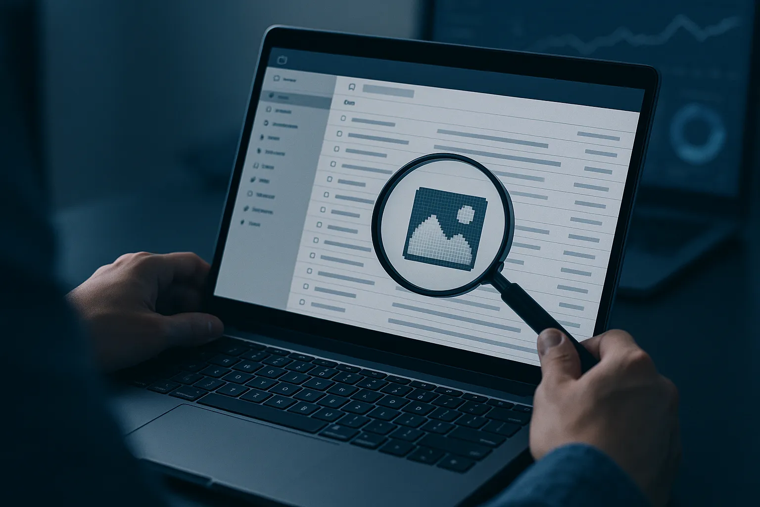 A person opening a laptop with email inbox visible, magnifying glass hovering over a hidden tracking pixel icon