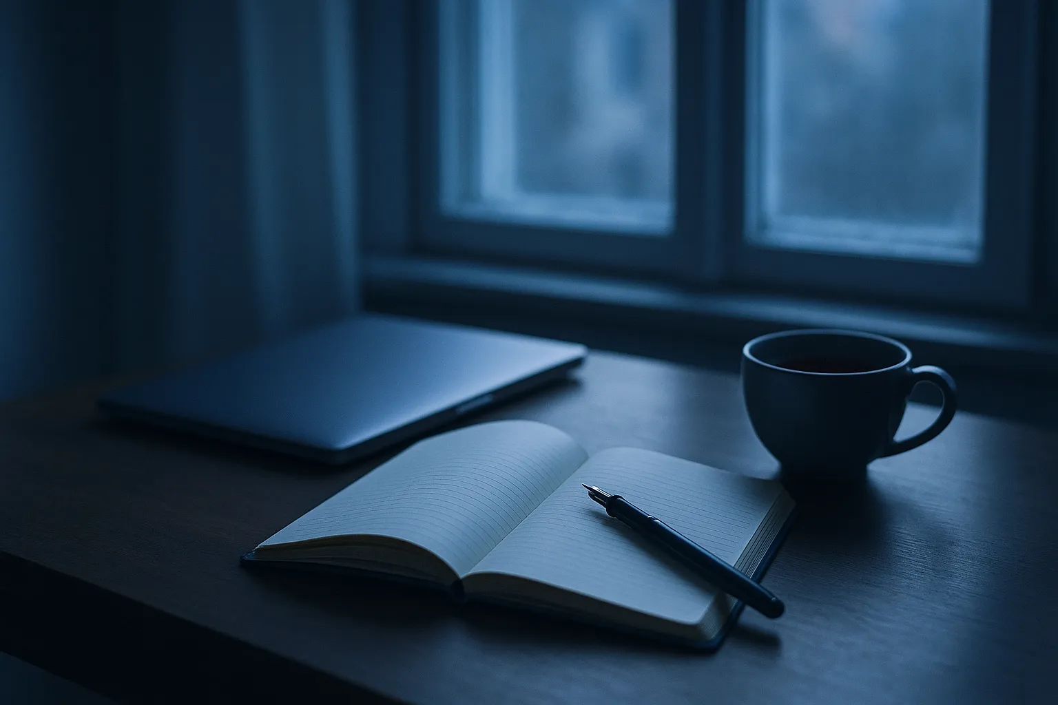 A writer's desk at dusk with a closed laptop, an open blank notebook with a pen resting across it and a mug beside a rain flecked window