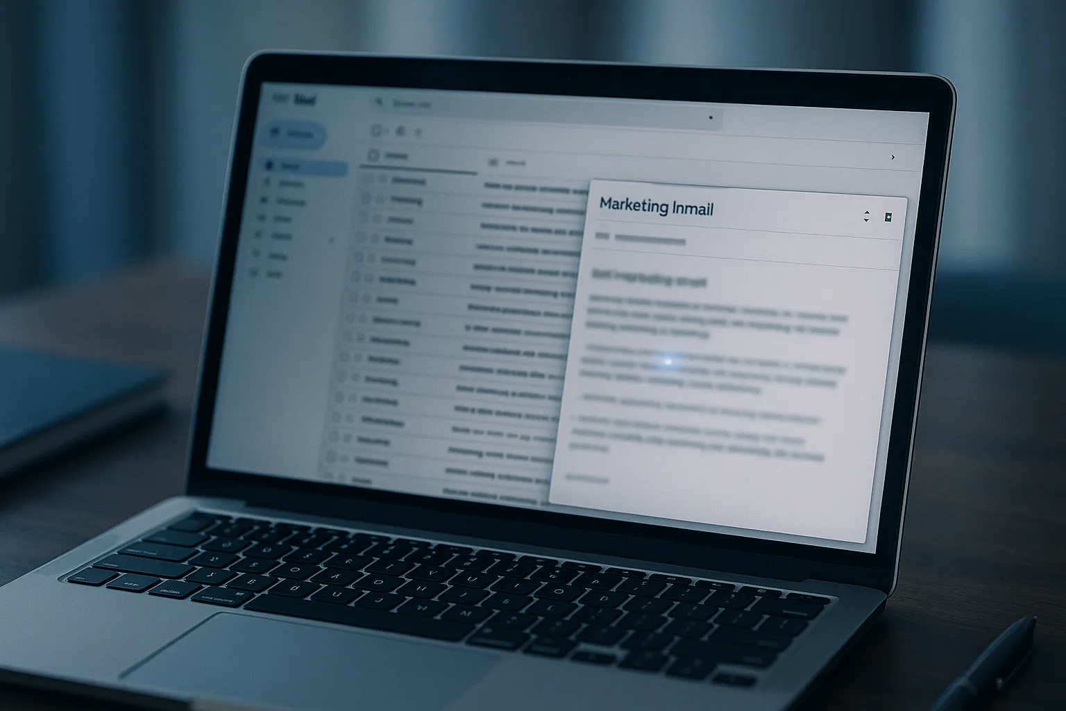 A laptop showing a Gmail inbox with a marketing email, and a small hidden tracking pixel concept overlaid