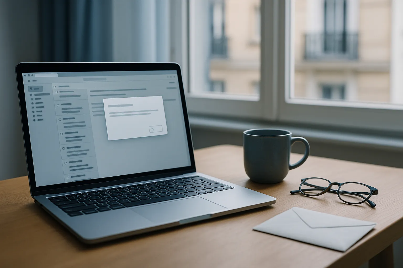 Silver laptop on a wooden home desk showing a generic webmail inbox with a small dialog box open, next to a coffee mug, an envelope and reading glasses, illustrating a GMX read receipt request