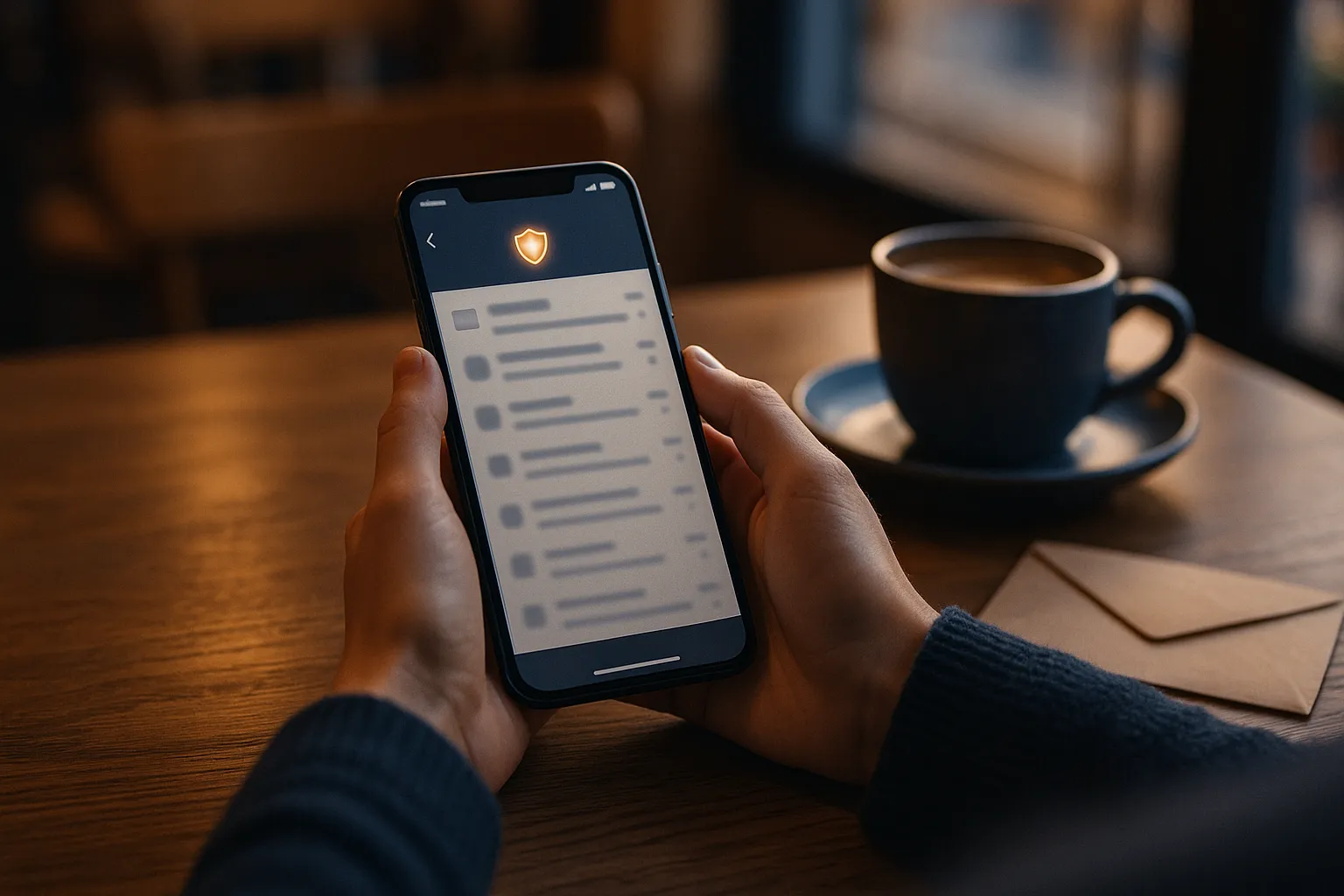 Person in a warmly lit cafe holding a smartphone that shows a minimalist email app with a small glowing shield icon, beside a coffee cup and an envelope, illustrating the HEY email spy tracker blocker
