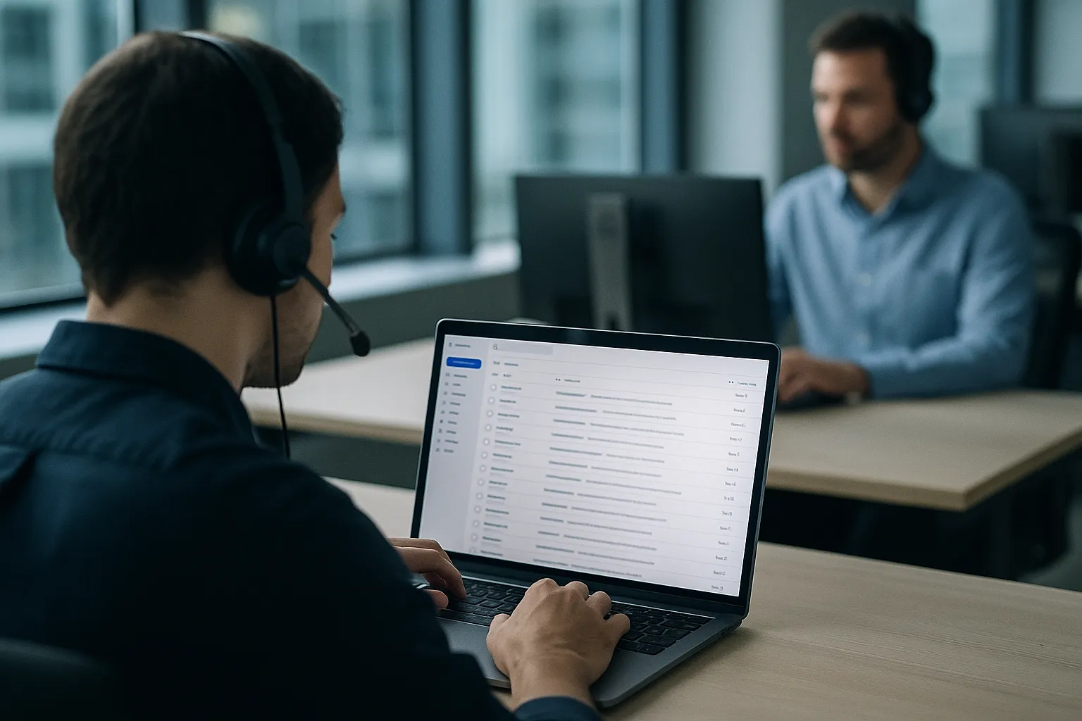 Over the shoulder view of a customer support agent working a shared team inbox on a laptop with a teammate blurred in the background, indigo and blue tones, representing a Hiver shared support queue