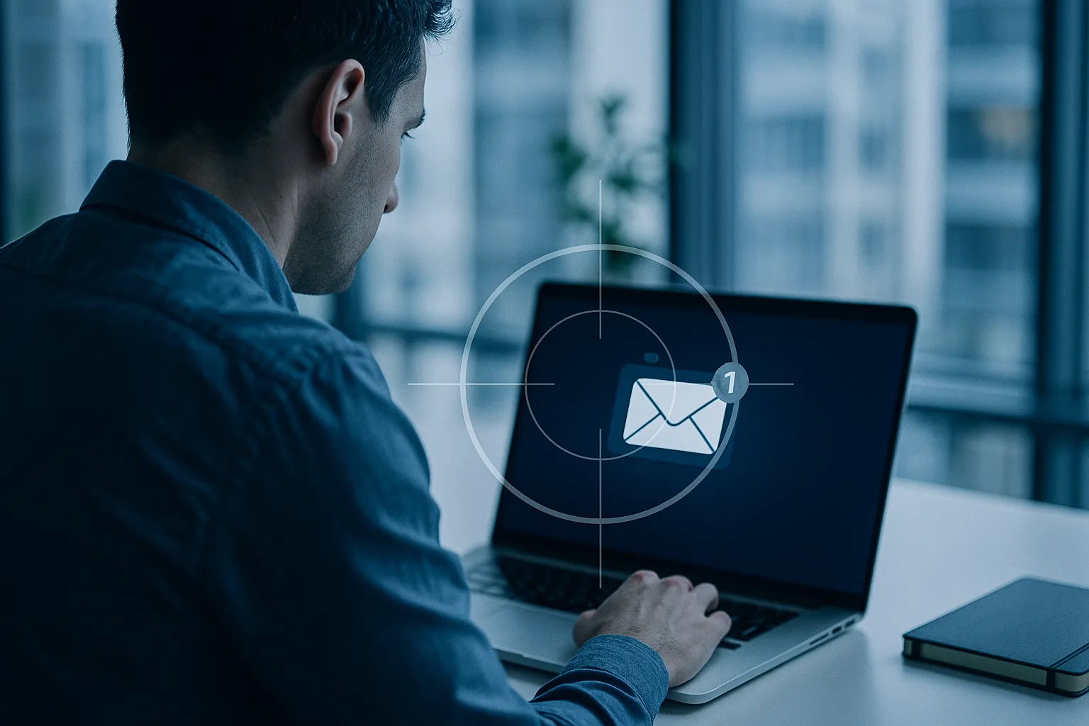 A person at a laptop in an office receiving a sales email, with a subtle crosshair overlay suggesting email surveillance