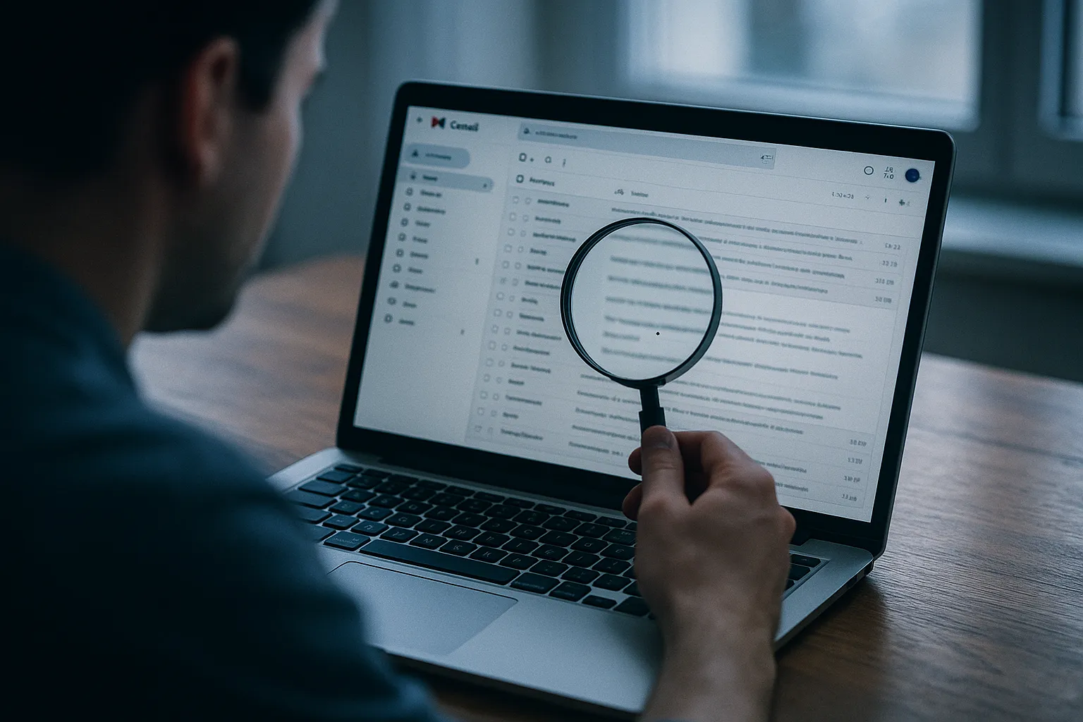 A magnifying glass held over a Gmail inbox on a laptop, highlighting a hidden tracking pixel inside an email, representing detecting and blocking Hunter.io email tracking