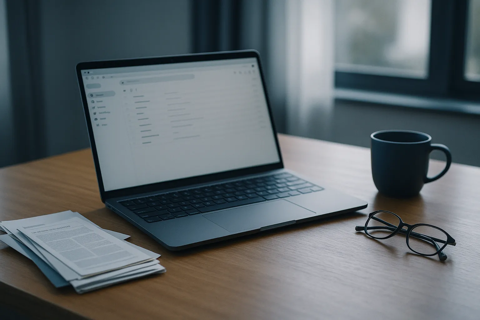 An open laptop showing an email inbox on a wooden desk in soft natural light, with reading glasses, a stack of printed newsletters and a mug of coffee beside it