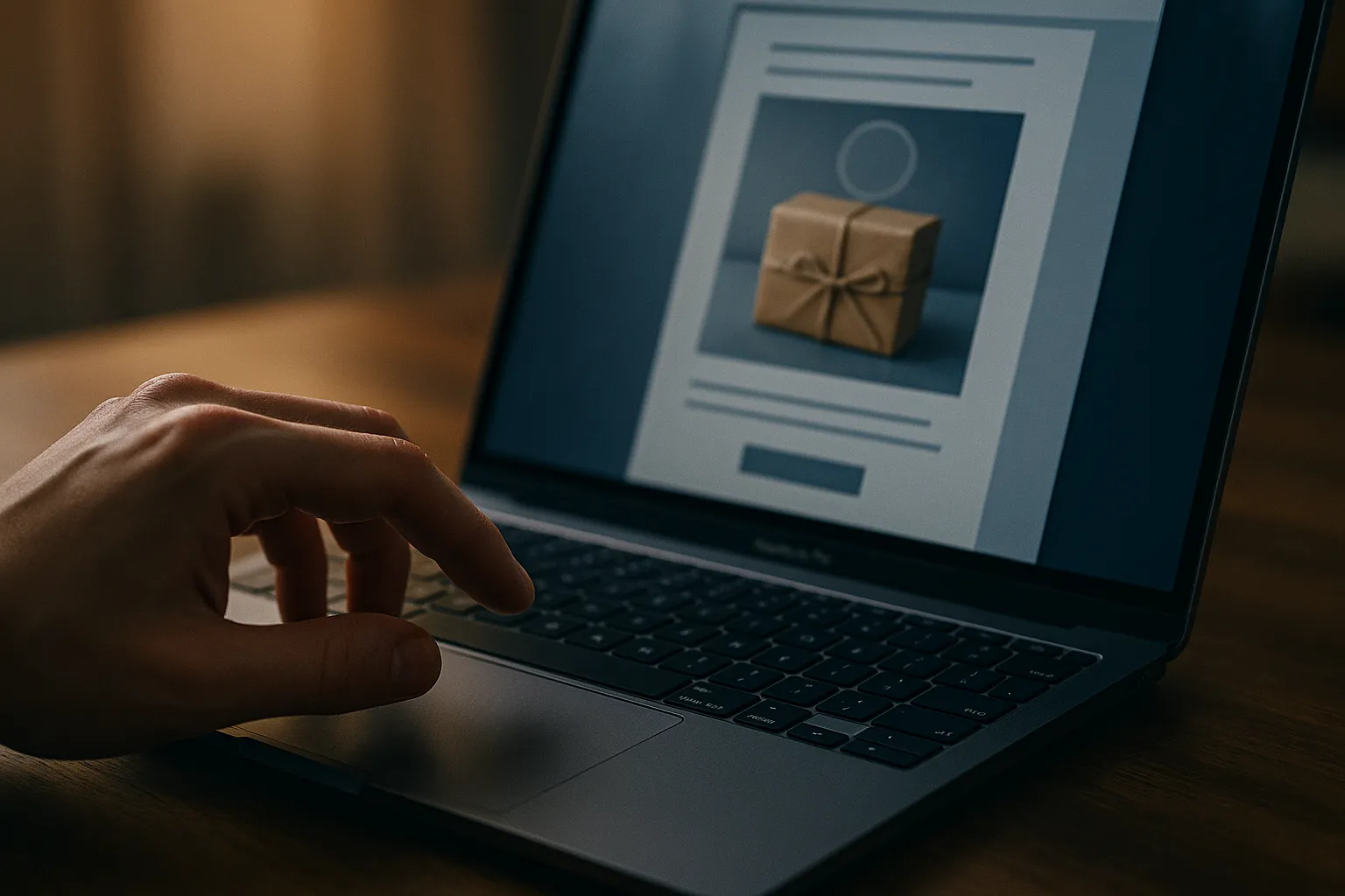 A finger hovering just above a laptop trackpad about to click while a promotional newsletter email is open on the screen in warm light
